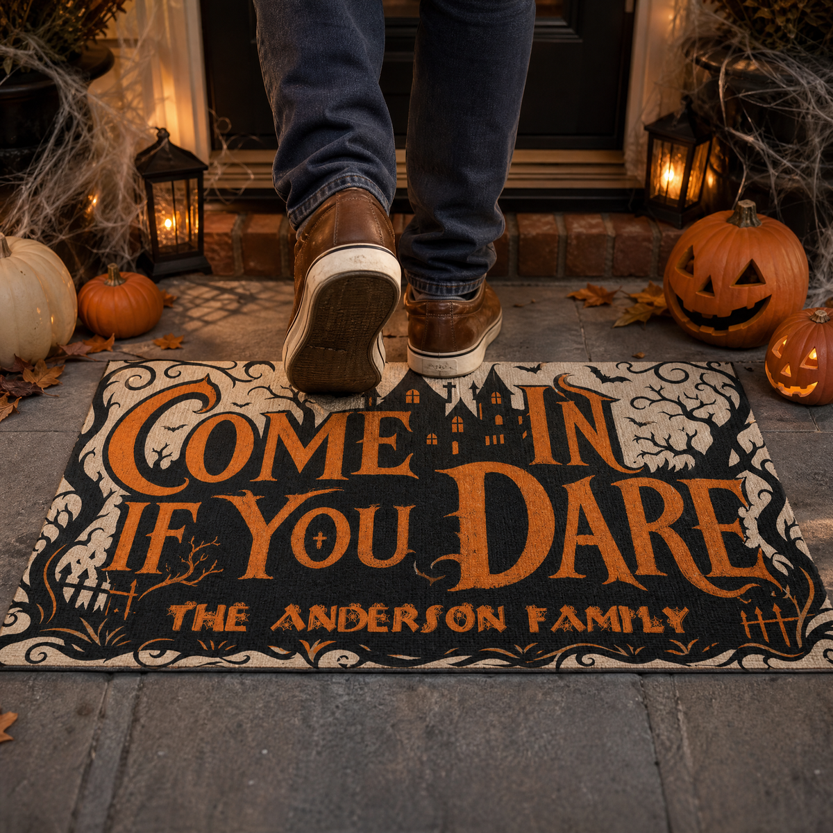 Personalized Halloween Come In If You Dare Haunted Castle Doormat Custom Family Name Entrance Floor Mat
