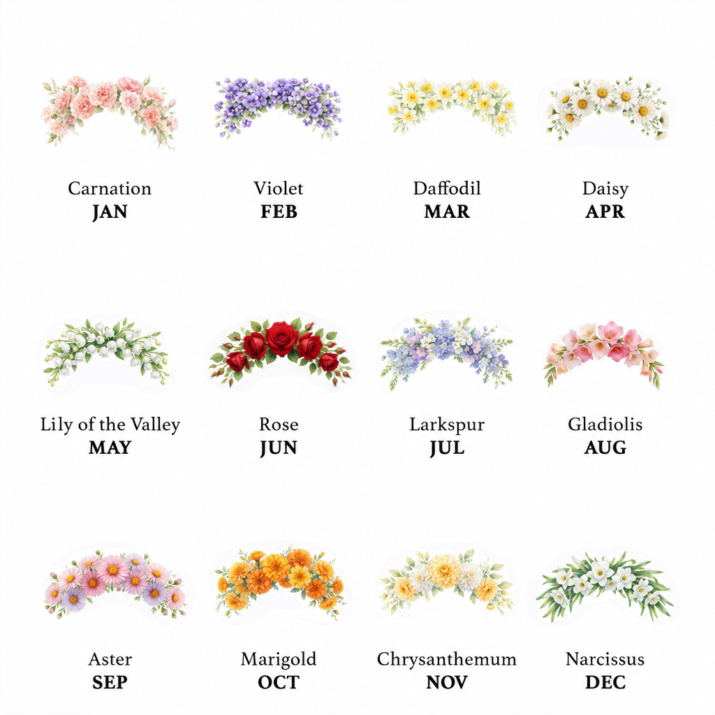 Birth month flower chart with carnation, violet, daffodil, daisy, lily of the valley, rose, larkspur and more by month