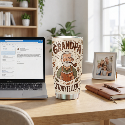 Grandpa The Great Storyteller tumbler on a desk beside a laptop, leather journal and family photo
