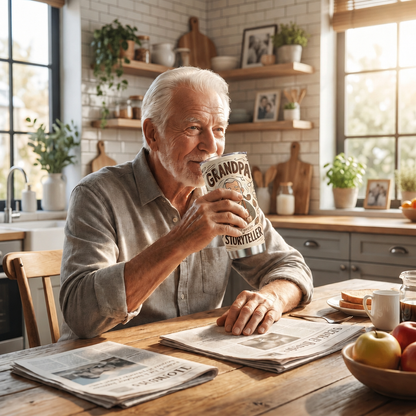 Grandpa sipping from the Great Storyteller tumbler at a kitchen table with newspapers and apples