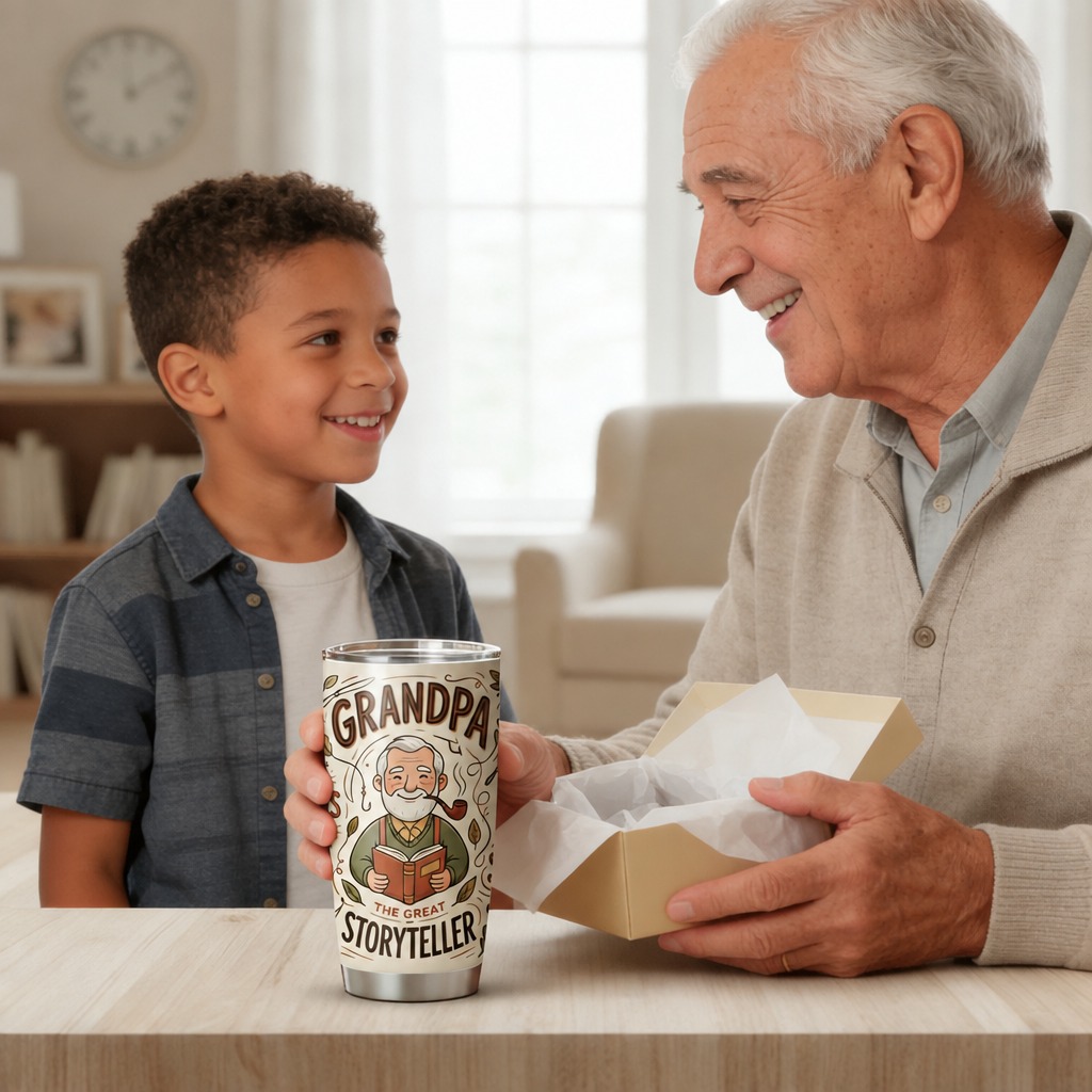Grandpa opening a gift box as his grandson holds up the Great Storyteller tumbler