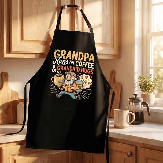 Black apron printed with Grandpa Runs On Coffee and Grandkid Hugs and a running grandpa with a mug, hanging in a kitchen