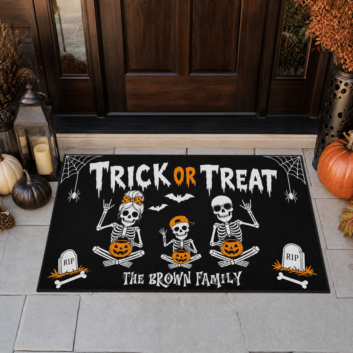 Personalized Halloween Skeleton Family Trick Or Treat Doormat Custom Family Name Entrance Floor Mat