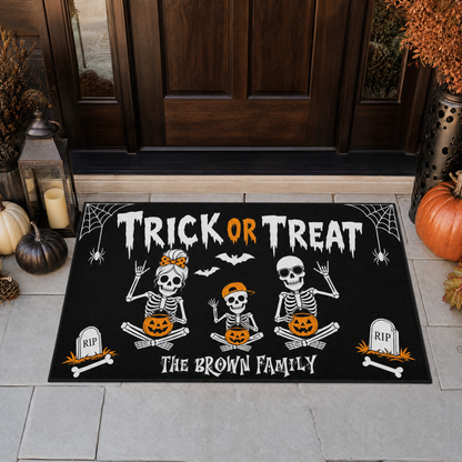 Personalized Halloween Skeleton Family Trick Or Treat Doormat Custom Family Name Entrance Floor Mat