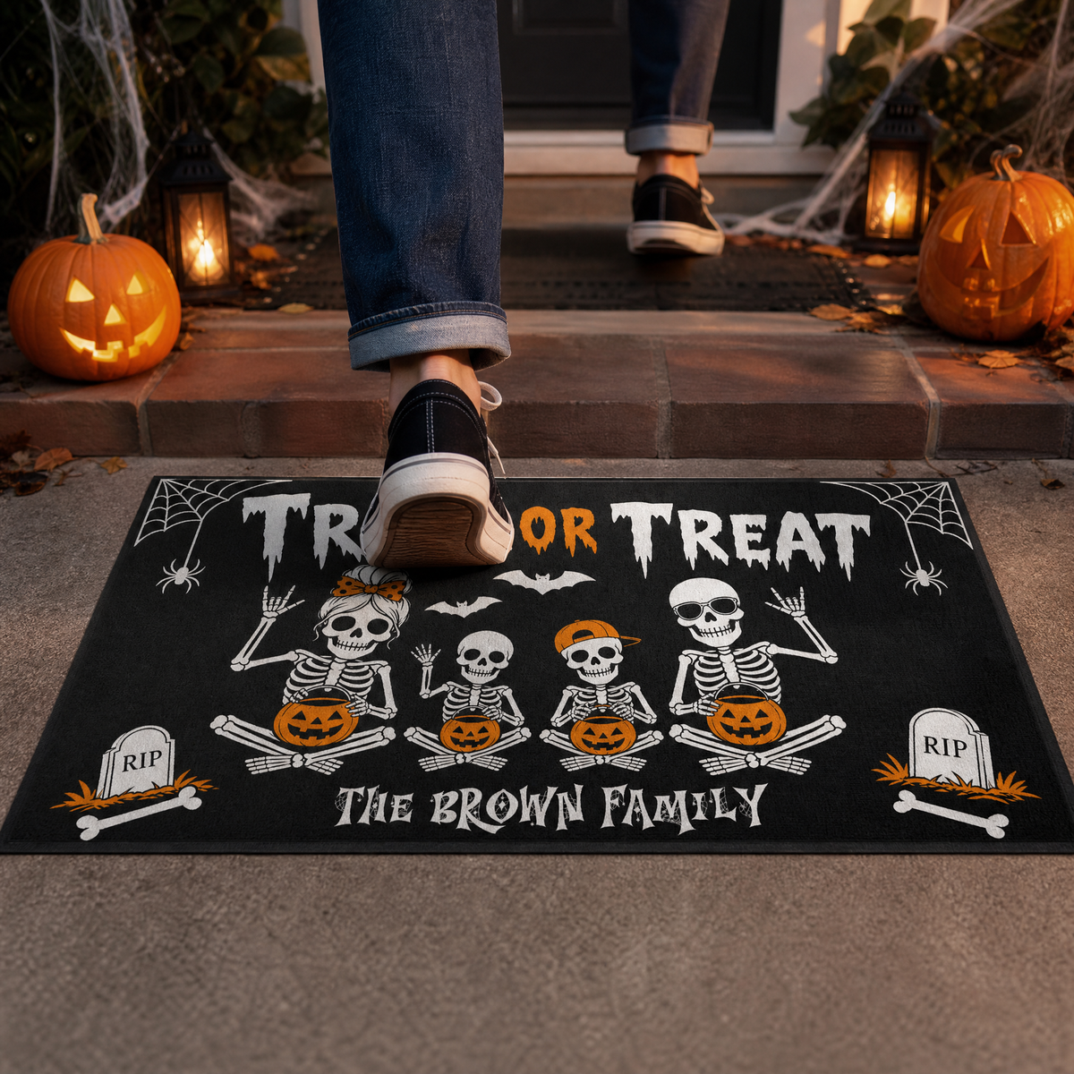Personalized Halloween Skeleton Family Trick Or Treat Doormat Custom Family Name Entrance Floor Mat