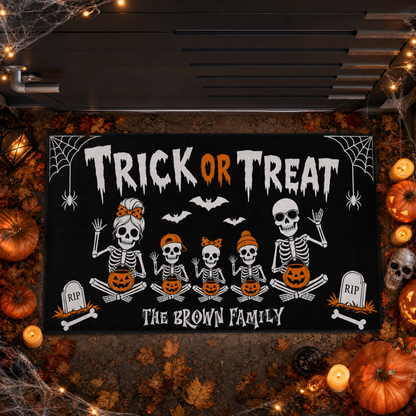 Personalized Halloween Skeleton Family Trick Or Treat Doormat Custom Family Name Entrance Floor Mat