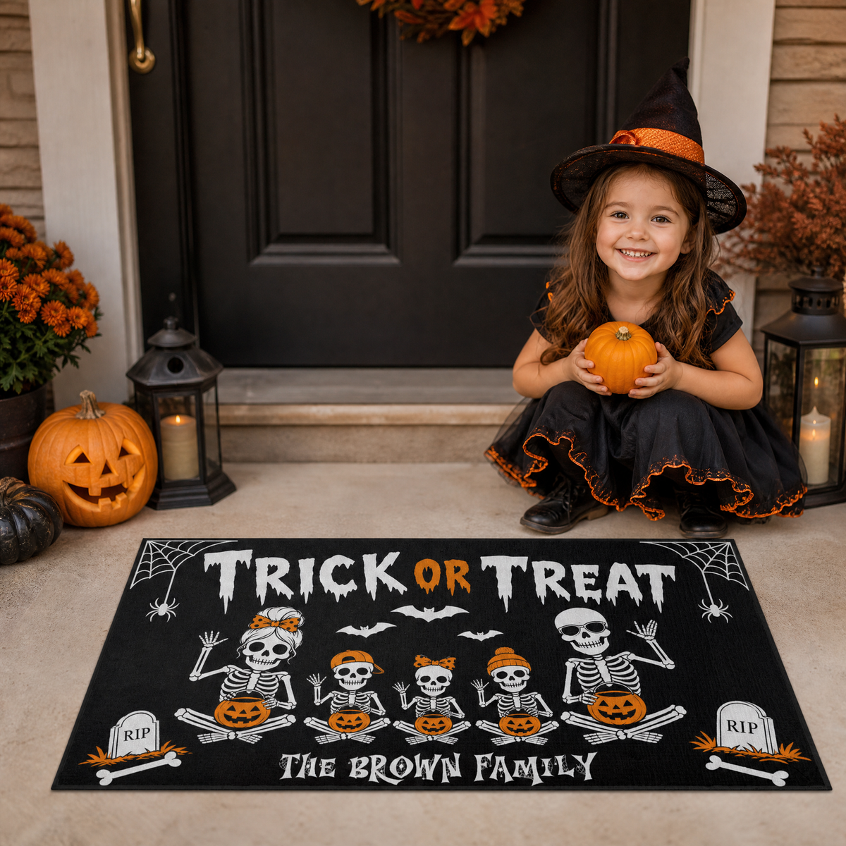 Personalized Halloween Skeleton Family Trick Or Treat Doormat Custom Family Name Entrance Floor Mat