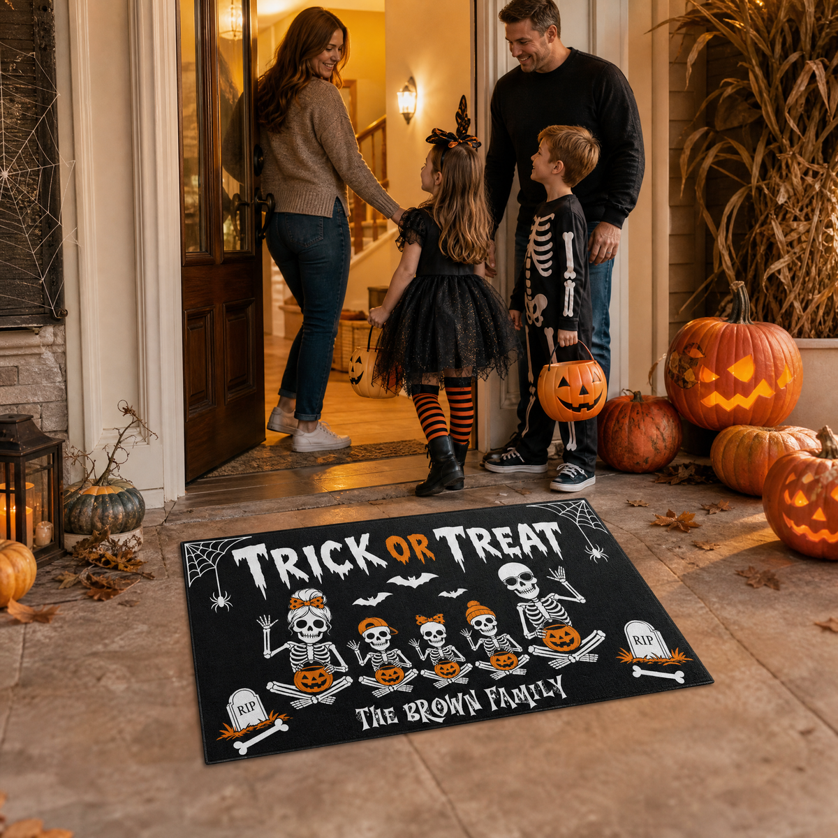 Personalized Halloween Skeleton Family Trick Or Treat Doormat Custom Family Name Entrance Floor Mat