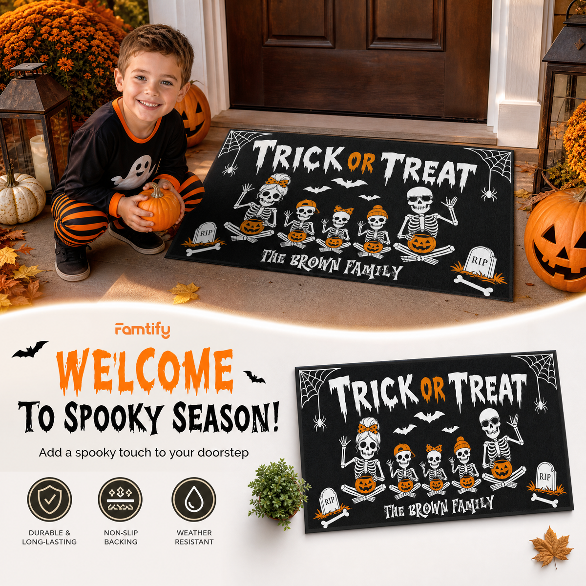 Personalized Halloween Skeleton Family Trick Or Treat Doormat Custom Family Name Entrance Floor Mat