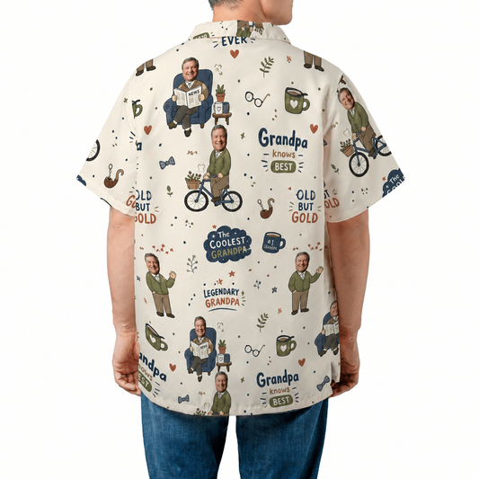 Back view of The Coolest Grandpa custom photo Hawaiian shirt with cartoon grandpa faces, bikes and Legendary Grandpa slogans