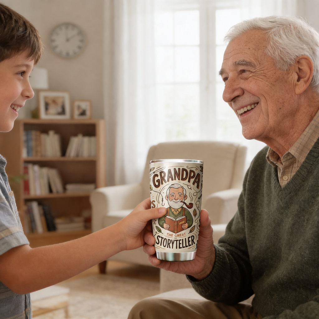 Grandson handing grandpa the Great Storyteller tumbler in a bright living room