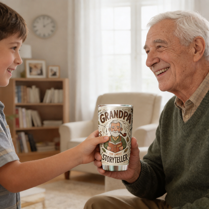 Grandson handing grandpa the Great Storyteller tumbler in a bright living room