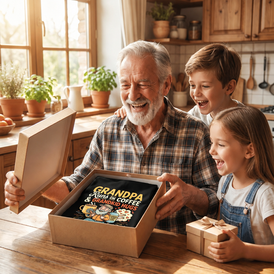 Grandpa opening a box with the Runs On Coffee and Grandkid Hugs apron as his grandkids cheer