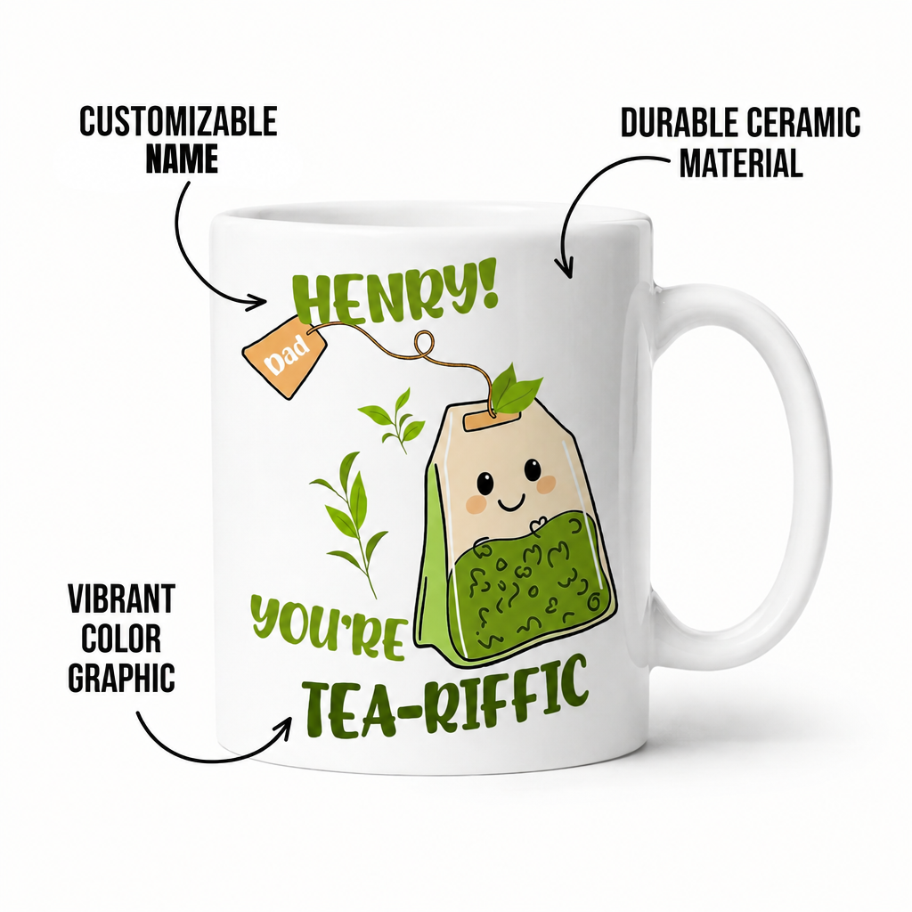 Tea-riffic mug for Dad with custom name and smiling tea bag, labeled customizable name, durable ceramic and vibrant graphic