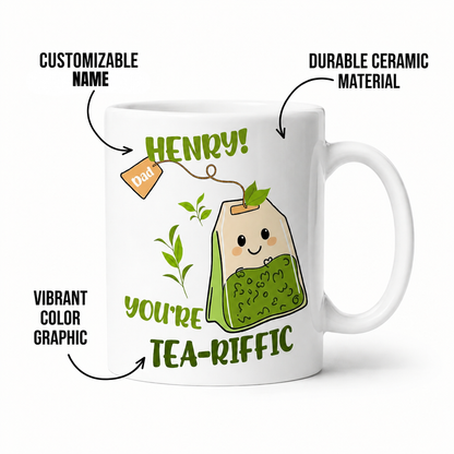 Tea-riffic mug for Dad with custom name and smiling tea bag, labeled customizable name, durable ceramic and vibrant graphic