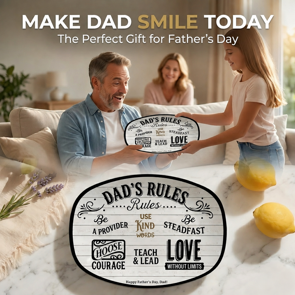 Make Dad Smile Today banner with a girl giving her dad the Dad's Rules serving platter
