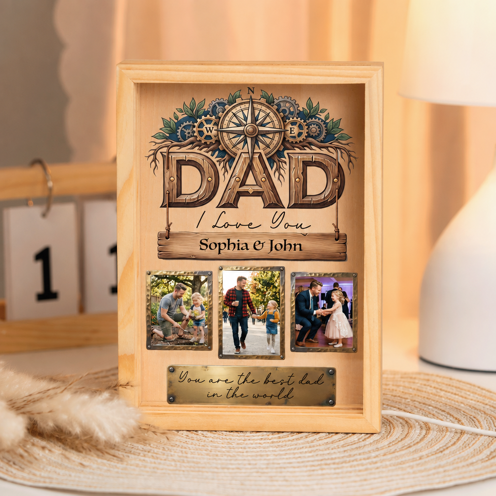 Wooden Dad I Love You photo frame light box with compass design, three family photos and best dad in the world plaque