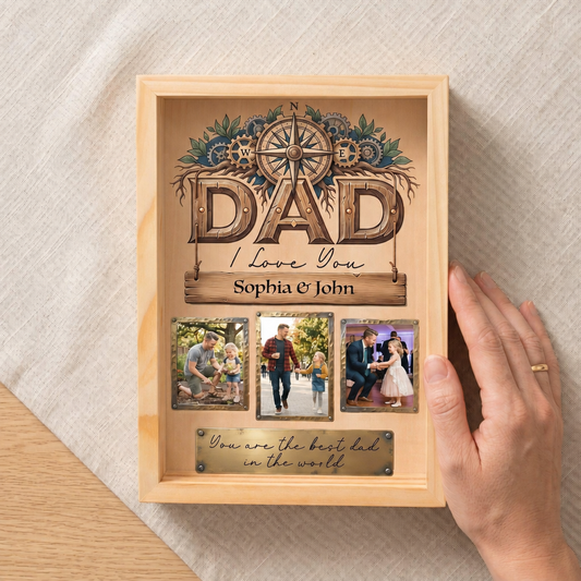Hand holding the personalized Dad photo frame light box with kids names and three custom photos