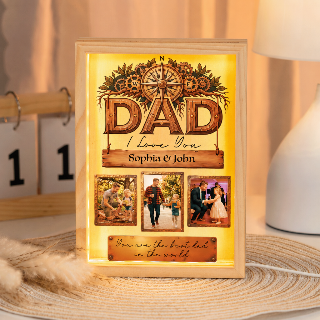 Glowing Dad I Love You photo frame light box with custom photos and You are the best dad in the world plaque