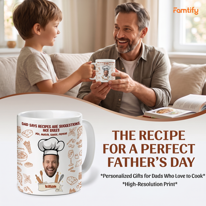 The Recipe For A Perfect Father's Day banner with a boy giving his dad a custom face chef hat recipe mug