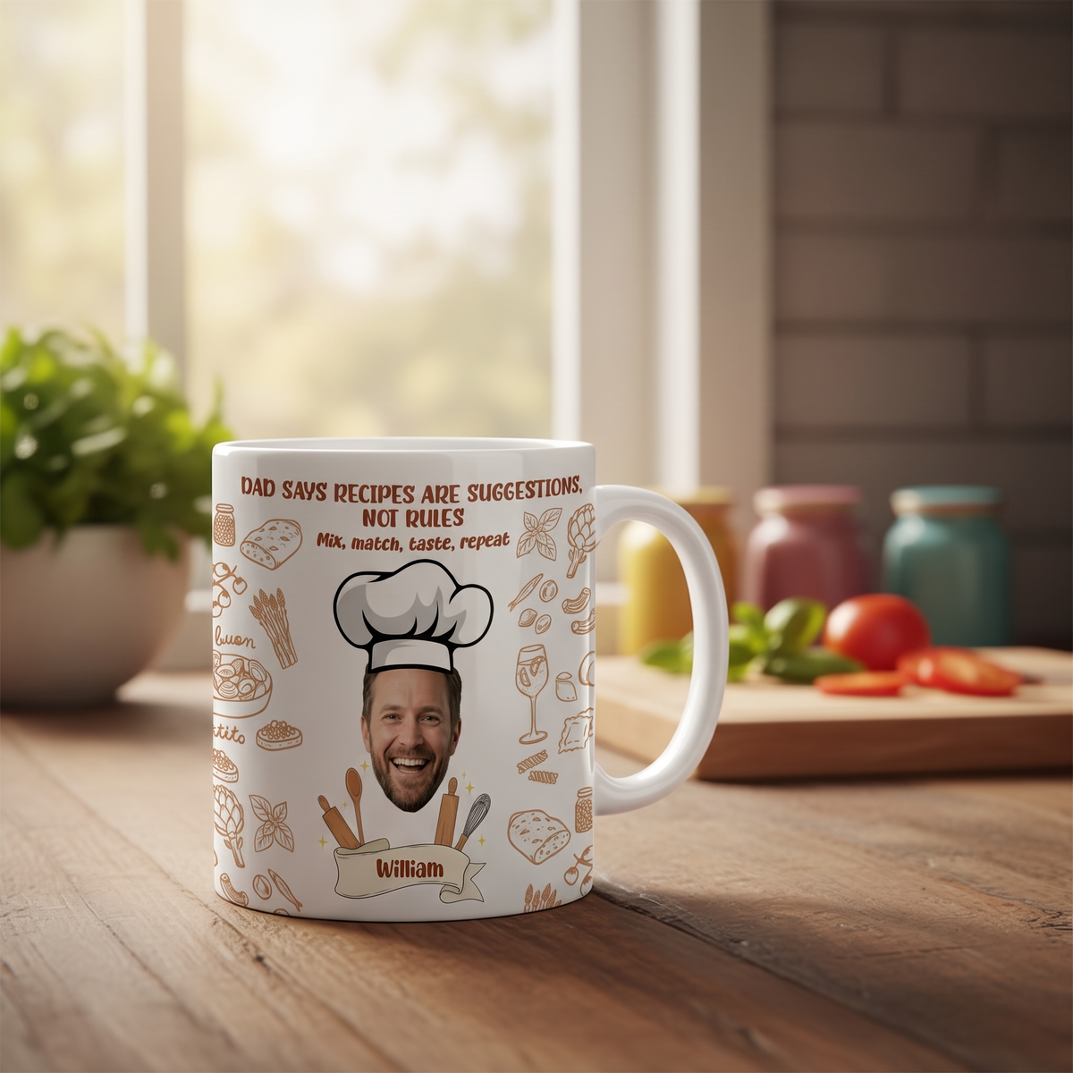 Dad Says Recipes Are Suggestions Not Rules mug with custom face on a wooden counter by tomatoes and a sunny window