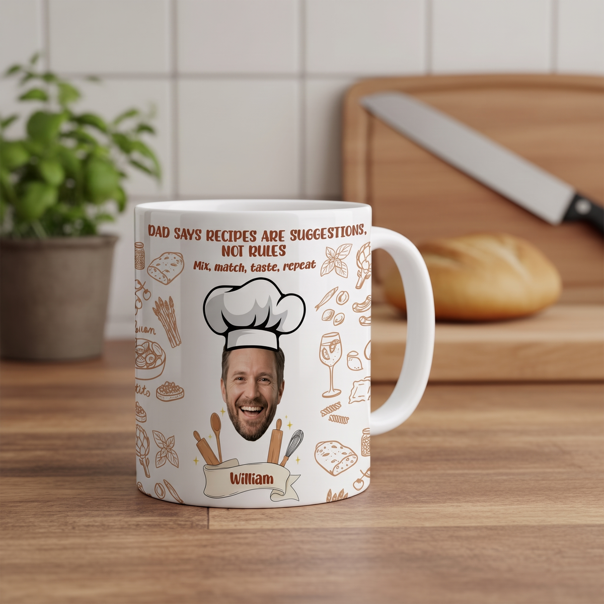 Custom photo chef dad mug with William name banner on a kitchen counter beside a knife and bread