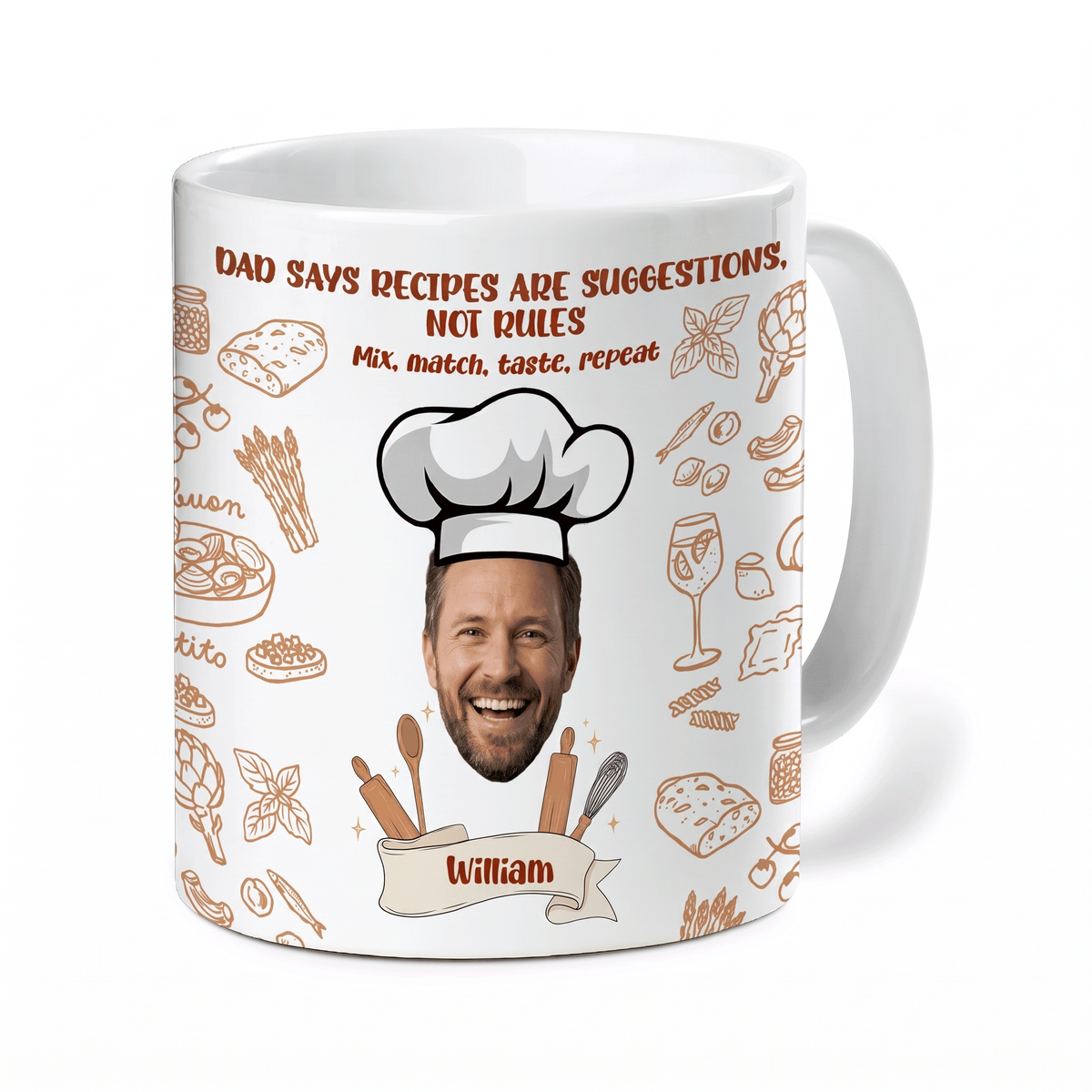 White mug with custom photo face in a chef hat, cooking doodles, Dad Says Recipes Are Suggestions Not Rules quote and custom name