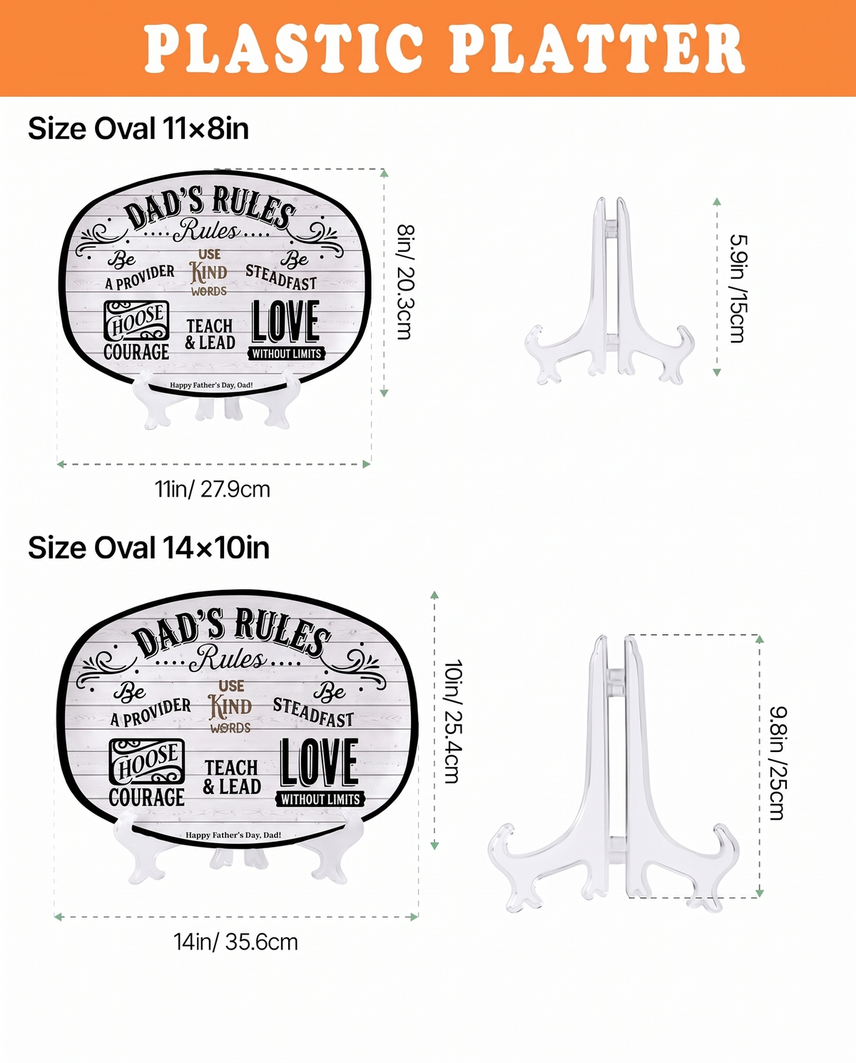 Plastic platter size chart showing 11x8 and 14x10 inch oval Dad's Rules platters with clear display stands