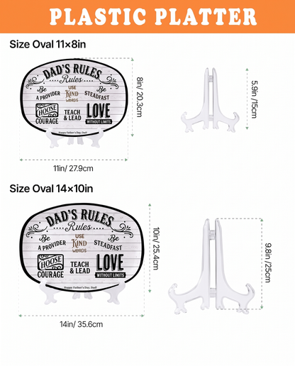 Plastic platter size chart showing 11x8 and 14x10 inch oval Dad's Rules platters with clear display stands
