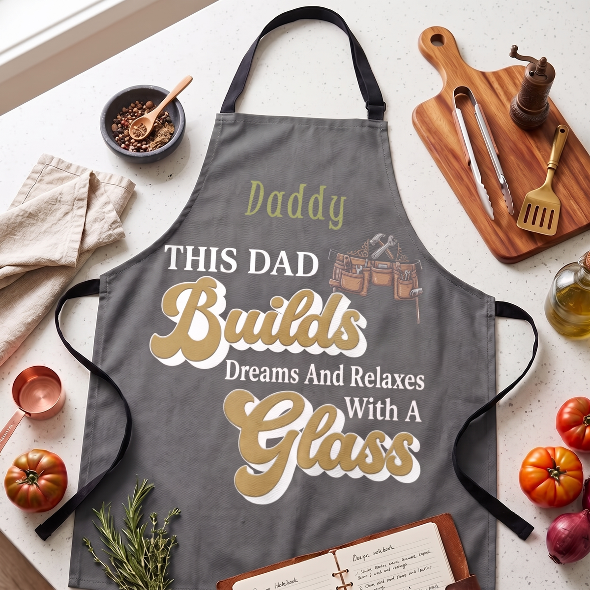 Charcoal grey apron with custom name Daddy, tool belt art and retro text This Dad Builds Dreams And Relaxes With A Glass