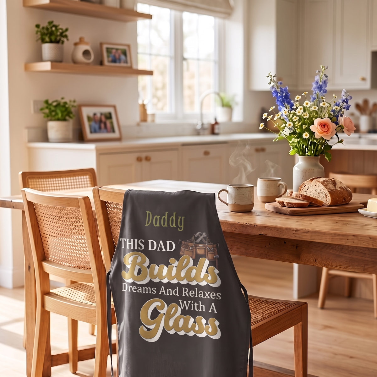 Dark grey This Dad Builds Dreams And Relaxes With A Glass apron with gold lettering hanging on a kitchen chair