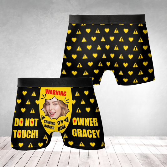 Black and yellow warning sign boxer briefs with custom face photo, Choking Hazard, Do Not Touch and It's Mine text