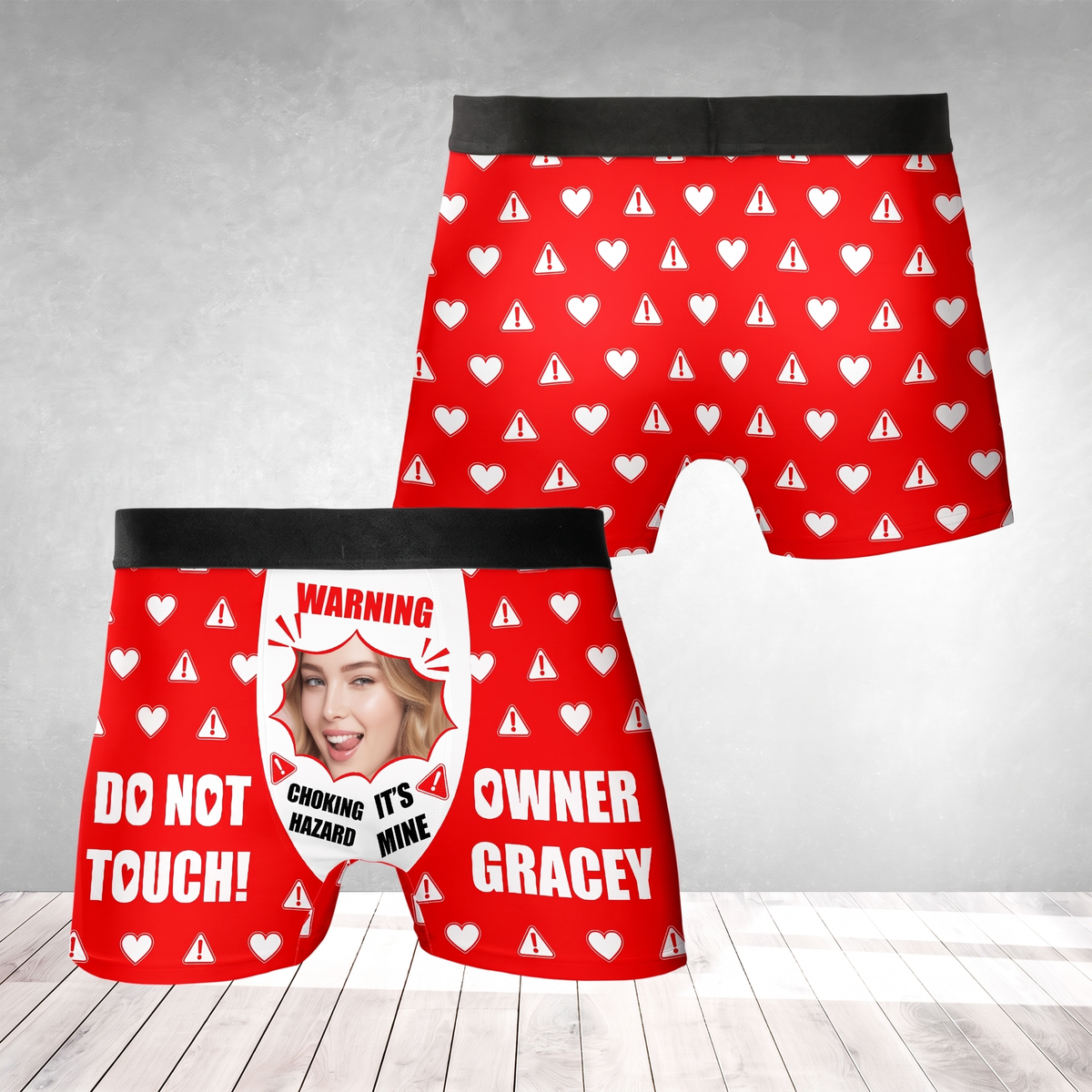 Red heart pattern boxer briefs with custom face photo, Warning, Choking Hazard It's Mine, Do Not Touch and Owner custom name