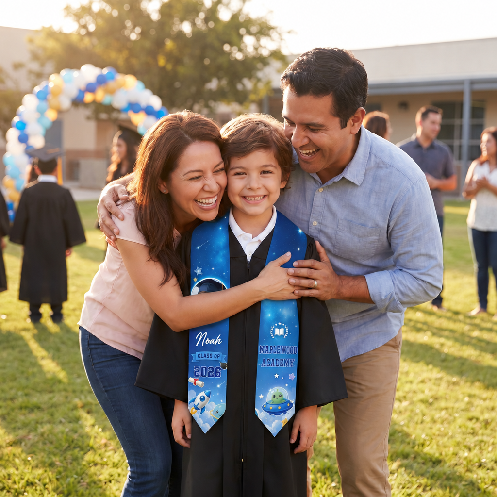 Parents hugging a boy wearing the blue galaxy rocket graduation stole with photo, Noah, Class of 2026 and Maplewood Academy