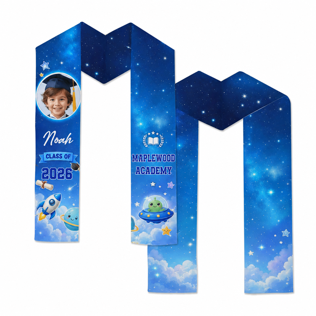 Blue galaxy rocket kid graduation stole with child photo, name Noah, Class of 2026 and Maplewood Academy, front and back view