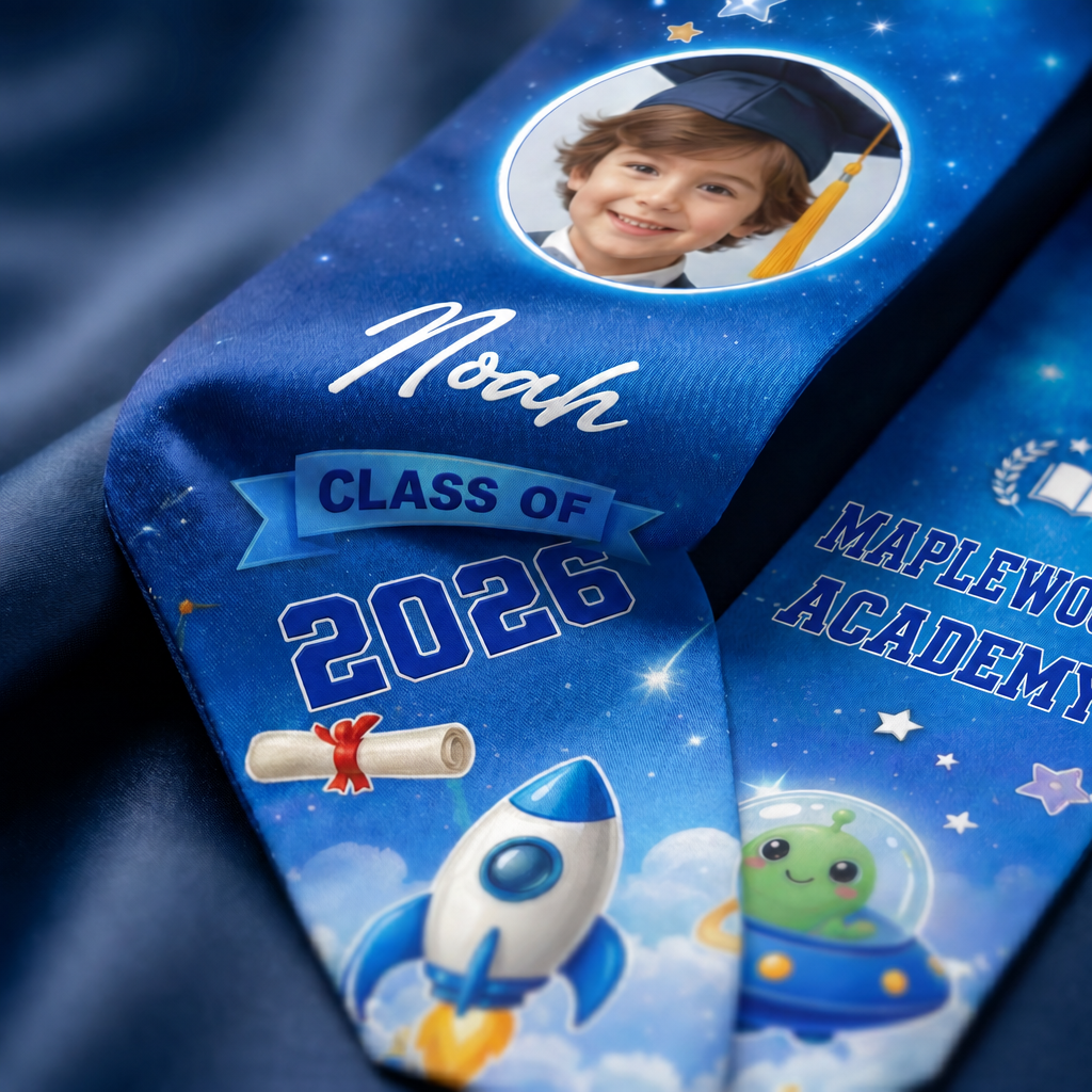 Close-up of the blue galaxy rocket kid graduation stole showing child photo, Noah, Class of 2026 and Maplewood Academy