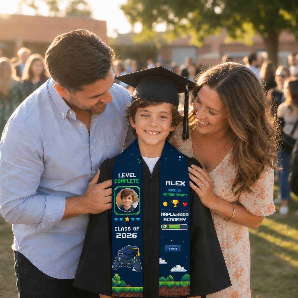 Parents with a boy wearing the Level Complete video game photo stole with Alex, Class of 2026 and Maplewood Academy