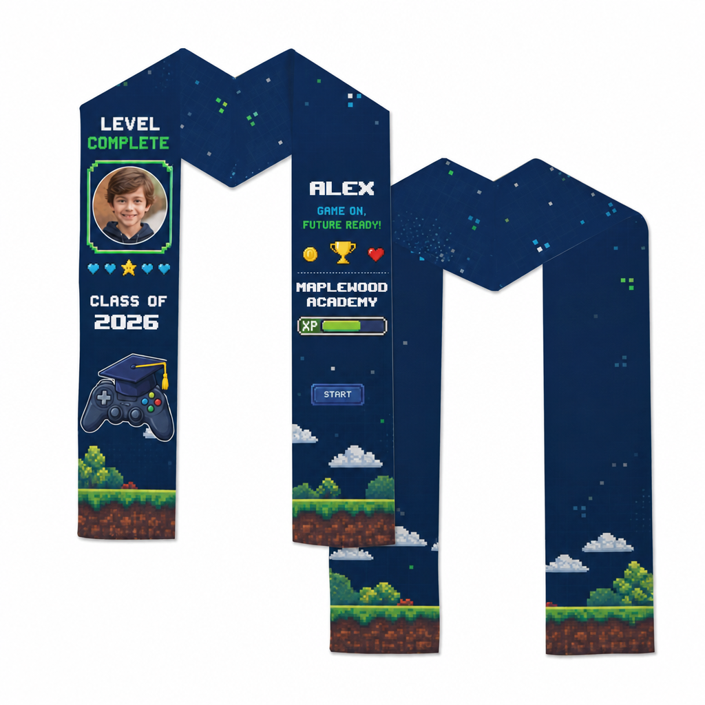 Navy video game kid graduation stole with child photo, Level Complete, name Alex, Class of 2026 and Maplewood Academy, front and back layout