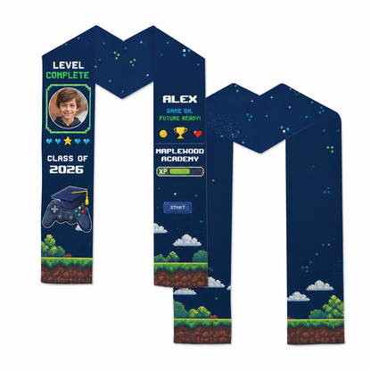 Navy video game kid graduation stole with child photo, Level Complete, name Alex, Class of 2026 and Maplewood Academy, front and back layout