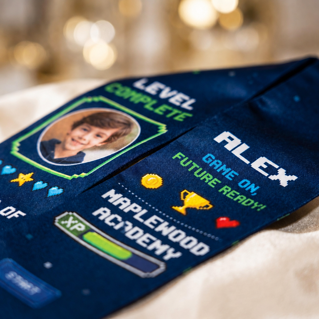 Close-up of the Level Complete video game kid stole showing child photo, Alex, Game On Future Ready and Maplewood Academy