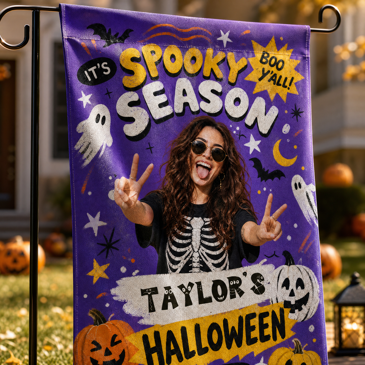 Personalized Spooky Season Custom Photo Ghost Pumpkin Double Sided Outdoor Garden Flag Custom Name Yard Banner