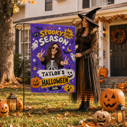 Personalized Spooky Season Custom Photo Ghost Pumpkin Double Sided Outdoor Garden Flag Custom Name Yard Banner