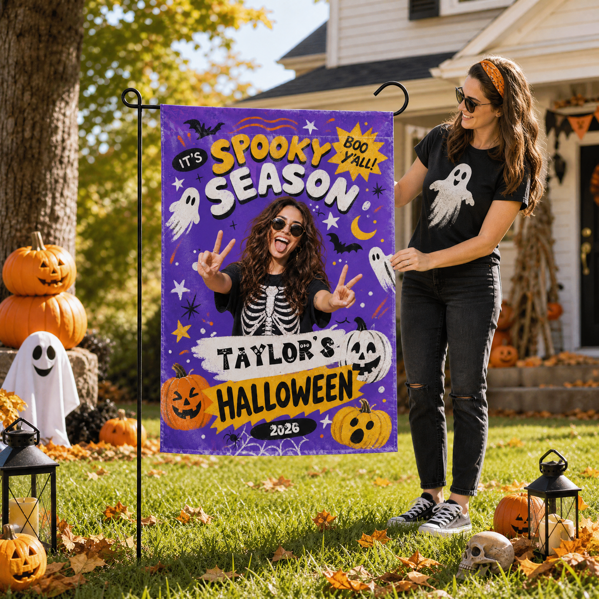 Personalized Spooky Season Custom Photo Ghost Pumpkin Double Sided Outdoor Garden Flag Custom Name Yard Banner