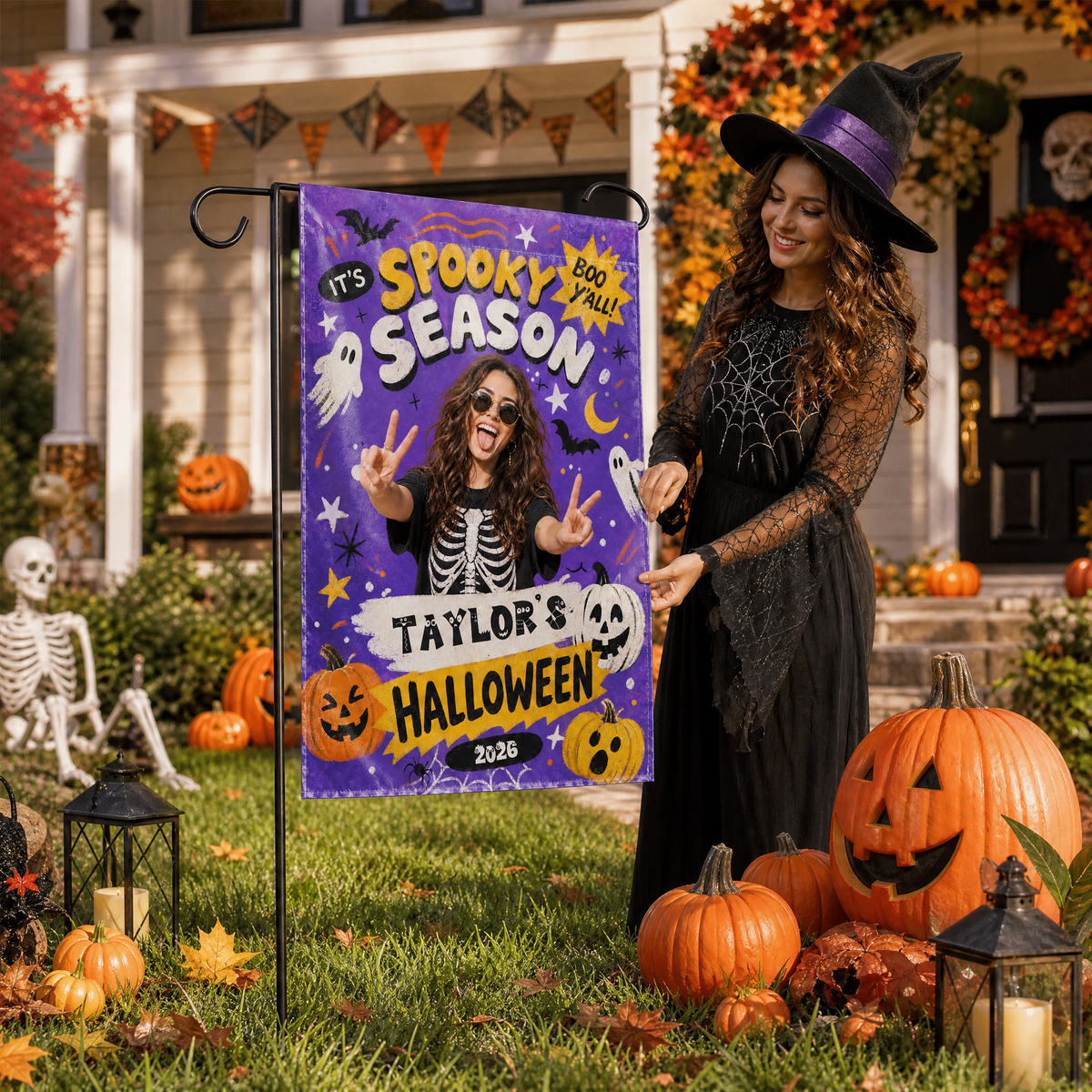 Personalized Spooky Season Custom Photo Ghost Pumpkin Double Sided Outdoor Garden Flag Custom Name Yard Banner