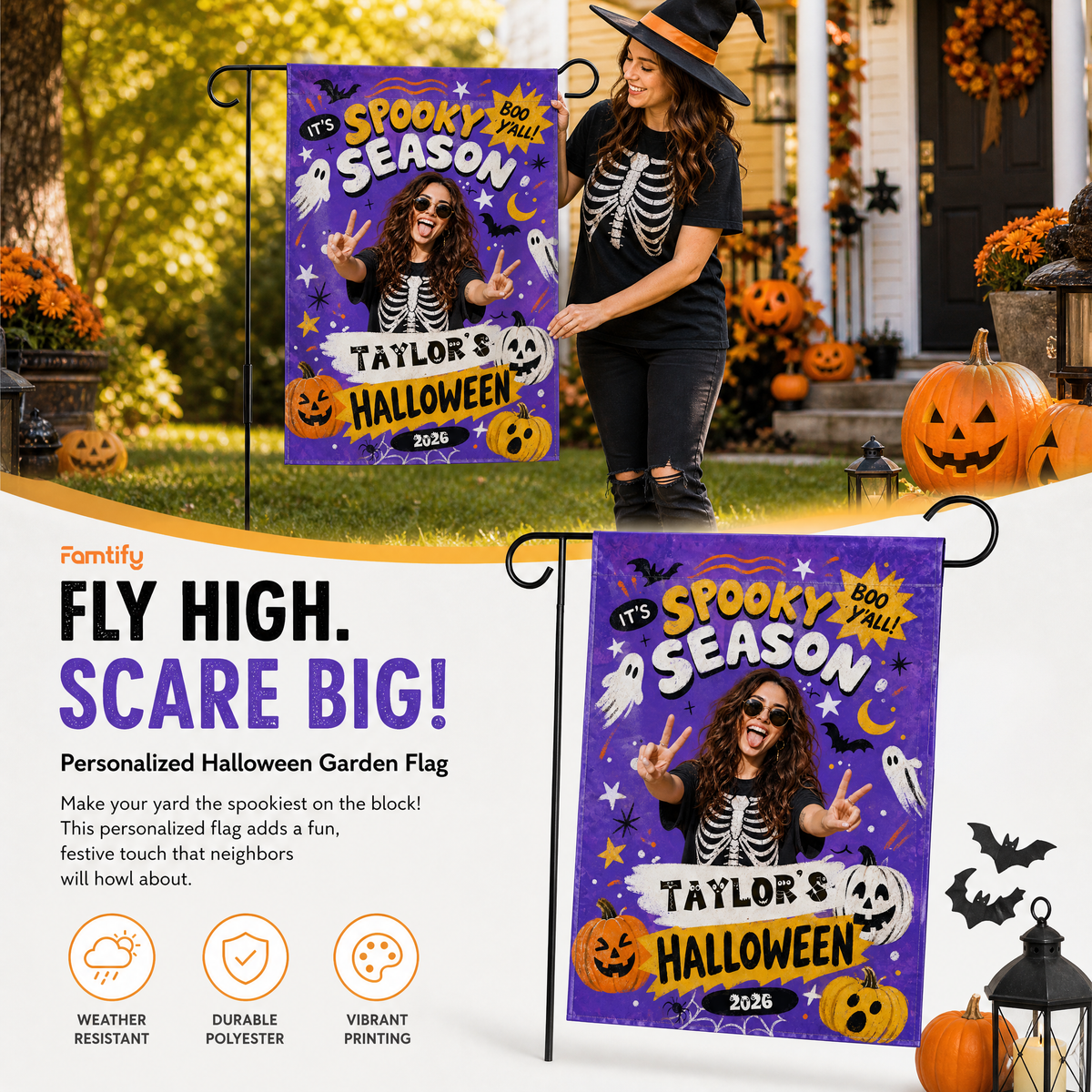 Personalized Spooky Season Custom Photo Ghost Pumpkin Double Sided Outdoor Garden Flag Custom Name Yard Banner