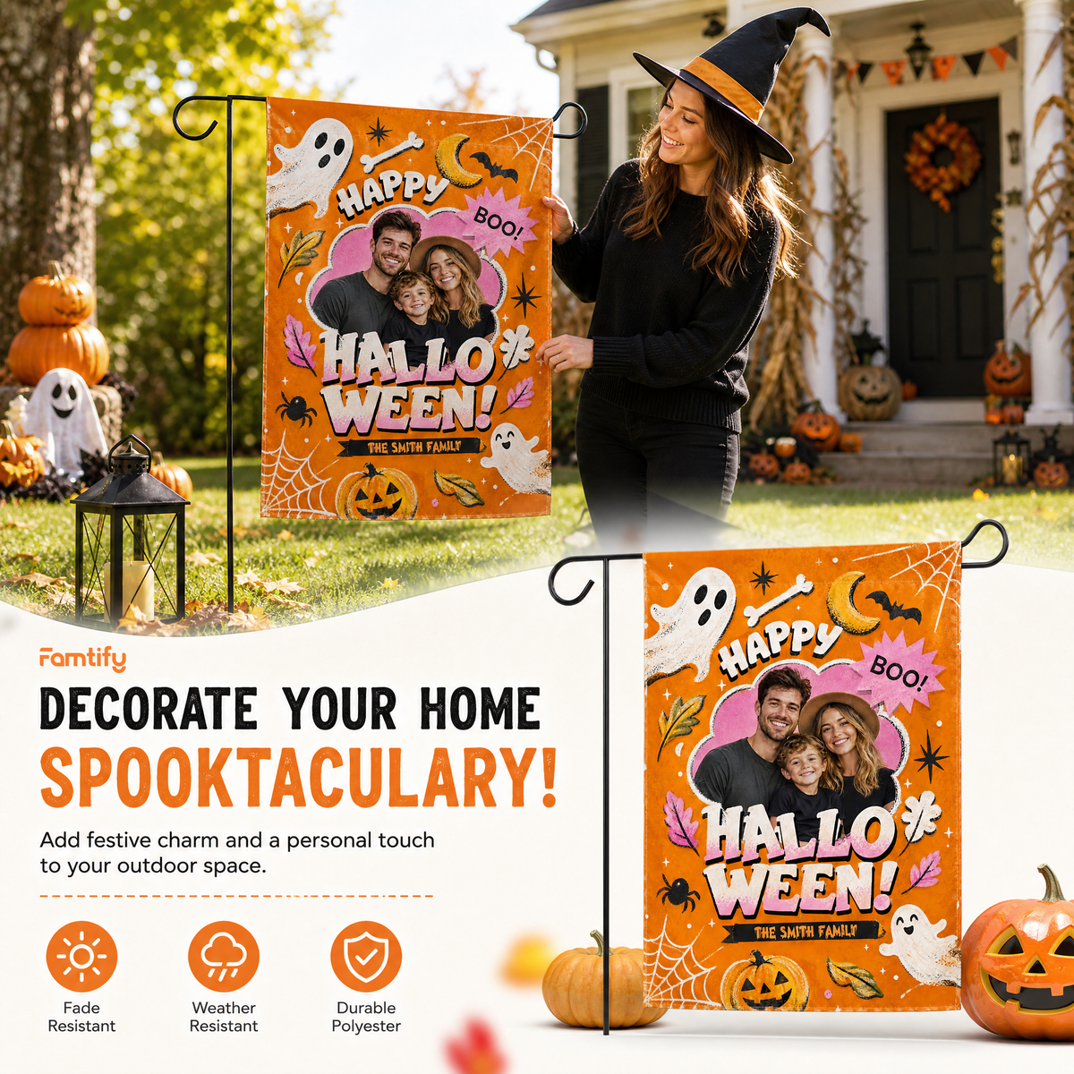 Personalized Happy Halloween Custom Family Photo Ghost Pumpkin Double Sided Outdoor Garden Flag Custom Name Yard Banner