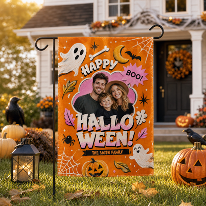 Personalized Happy Halloween Custom Family Photo Ghost Pumpkin Double Sided Outdoor Garden Flag Custom Name Yard Banner