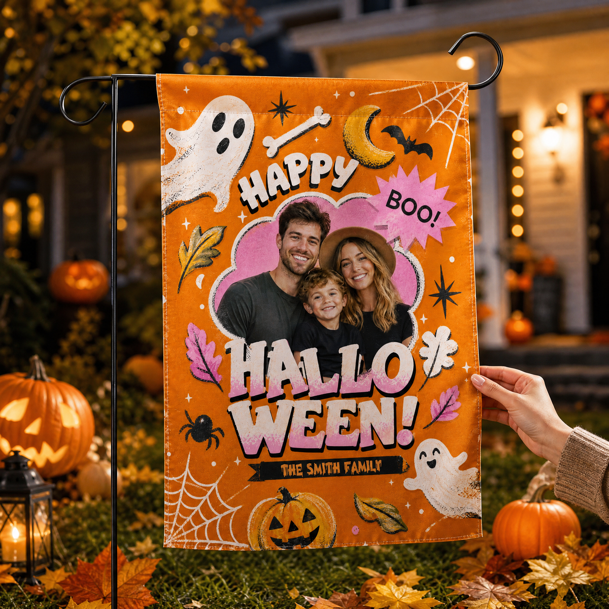 Personalized Happy Halloween Custom Family Photo Ghost Pumpkin Double Sided Outdoor Garden Flag Custom Name Yard Banner