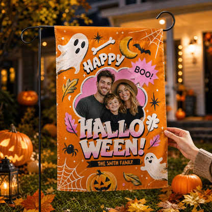 Personalized Happy Halloween Custom Family Photo Ghost Pumpkin Double Sided Outdoor Garden Flag Custom Name Yard Banner