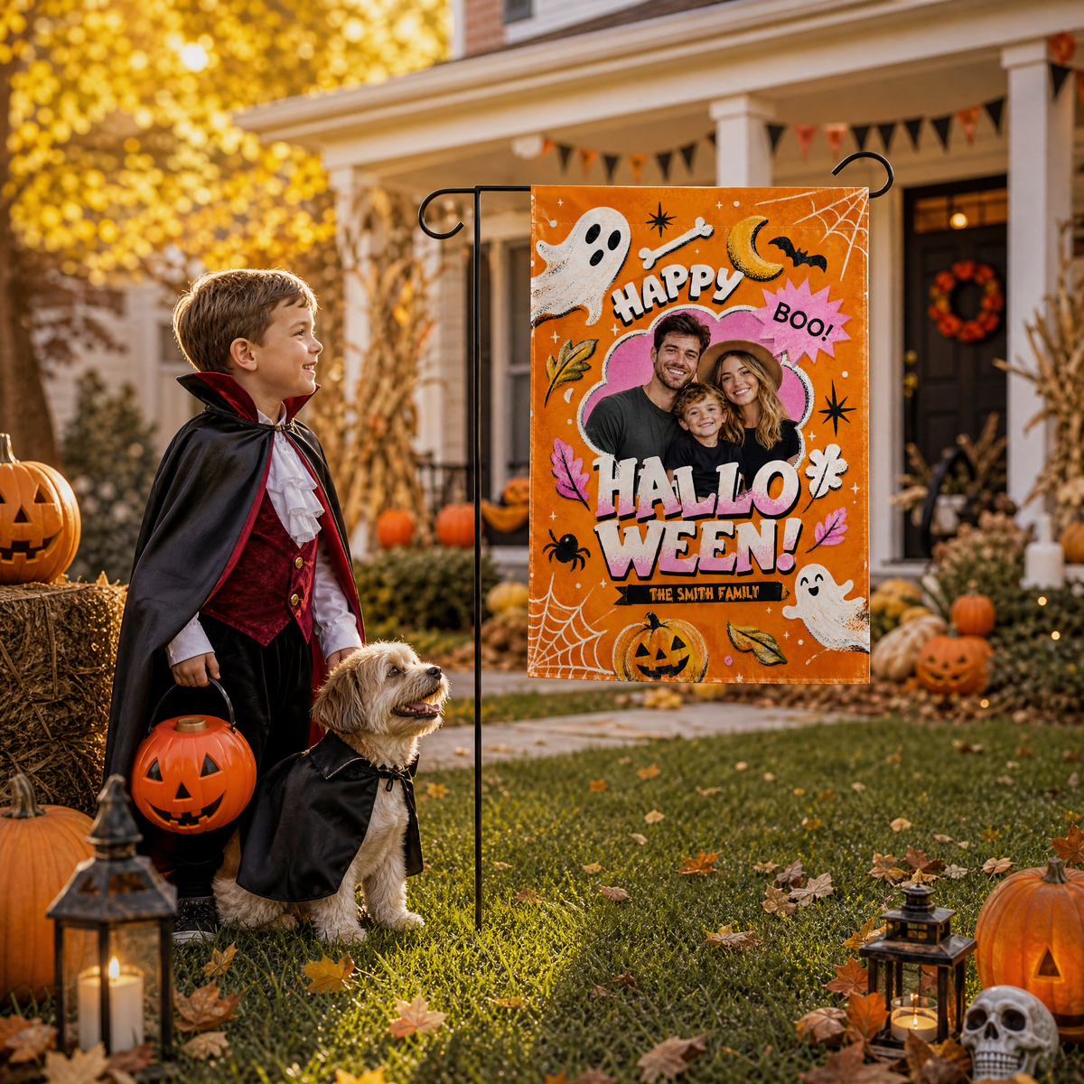 Personalized Happy Halloween Custom Family Photo Ghost Pumpkin Double Sided Outdoor Garden Flag Custom Name Yard Banner